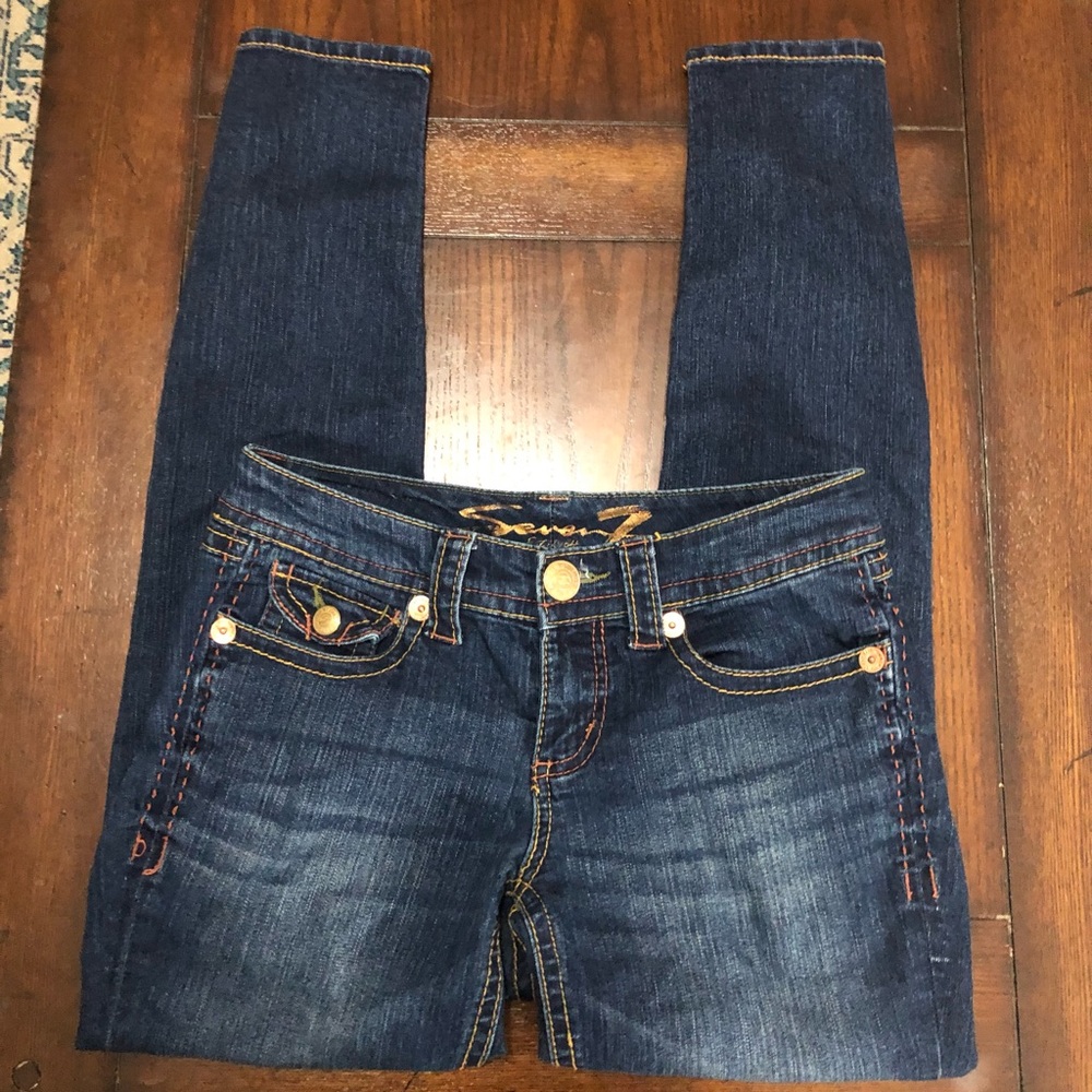 Seven “Legging” jeans Low Rise Dark Wash with Distressing Stretch